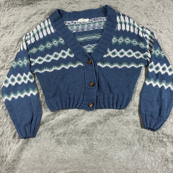 Natural Life Women's Fair Isle Cropped Cardigan Size Medium Blue Boho Knit Cozy - Picture 2 of 8